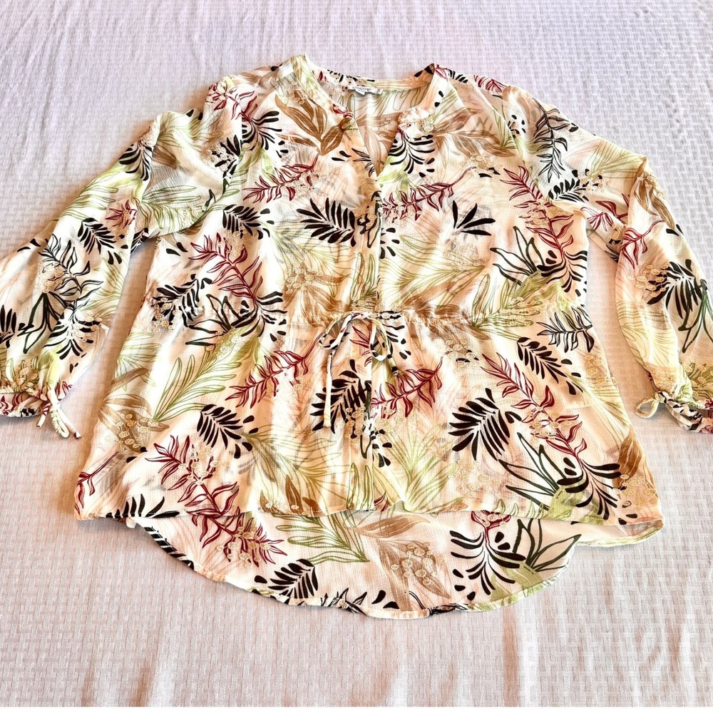 Chicos 3 US 16 Tropical Floral Embroidered Boho Blouse Drawstring Metallic Green